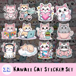 Kawaii Cat Sticker Set – 12 Adorable Pastel Cat PNGs, Cute Digital Stickers for Planners, Scrapbooks & More