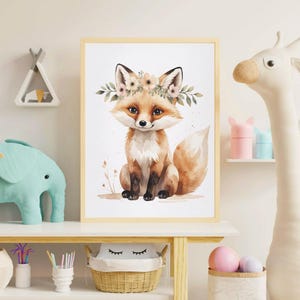 Boho Fox Nursery Wall Art - Cute Baby Fox Printable Poster, Woodland Animal Decor, Floral Crown Baby Room Art, Digital Download
