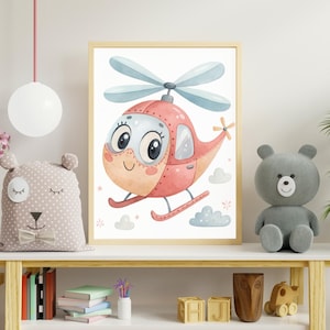 Cute Watercolor Helicopter Wall Art – Smiling Cartoon Aircraft for Nursery or Kids Room, Printable Baby Boy Decor, Instant Download