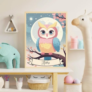 Kawaii Owl Nursery Art: Pastel Woodland Animal Poster (Personalized Digital Download)