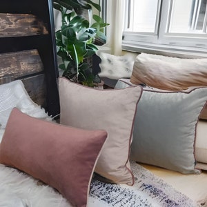 Customizable Grey and Pink Velvet Pillow Covers with Piping Model for Luxurious Home Decor - Available in All Sizes, Perfectly Your Home
