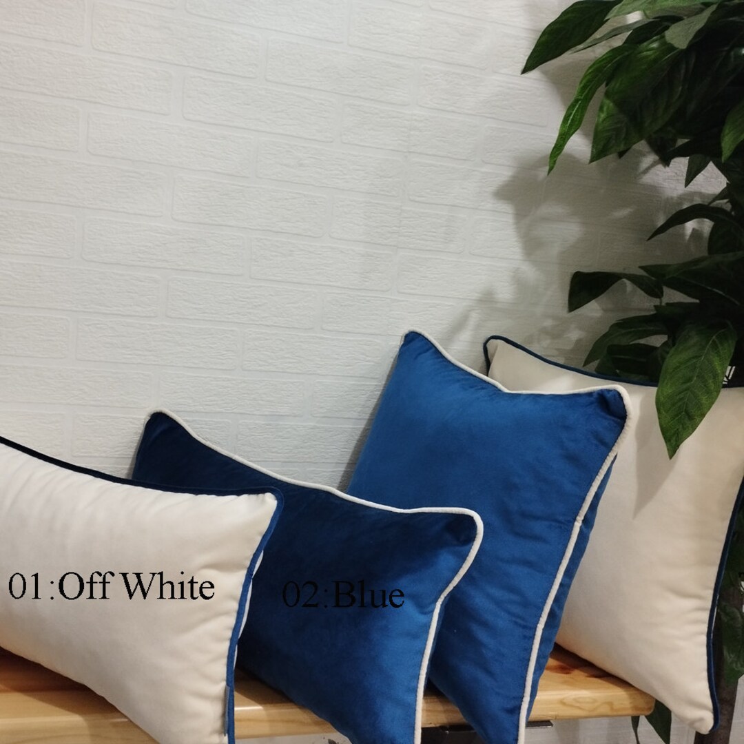 Blue off White Luxury Velvet Pillow Cover With Piping Etsy