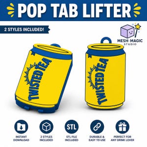 May include: Two yellow and blue pop tab lifters shaped like beverage cans with the text TWISTED TEA and a sun graphic. The design includes a top loop for attachment. The image displays two distinct styles of the lifter, labeled as POP TAB LIFTER.