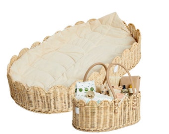 BEBE BASK - Artisan-Crafted Scalloped Nursery Set - Rattan Diaper Caddy Organizer and Baby Changing Basket - Premium Scallop Rattan Baskets