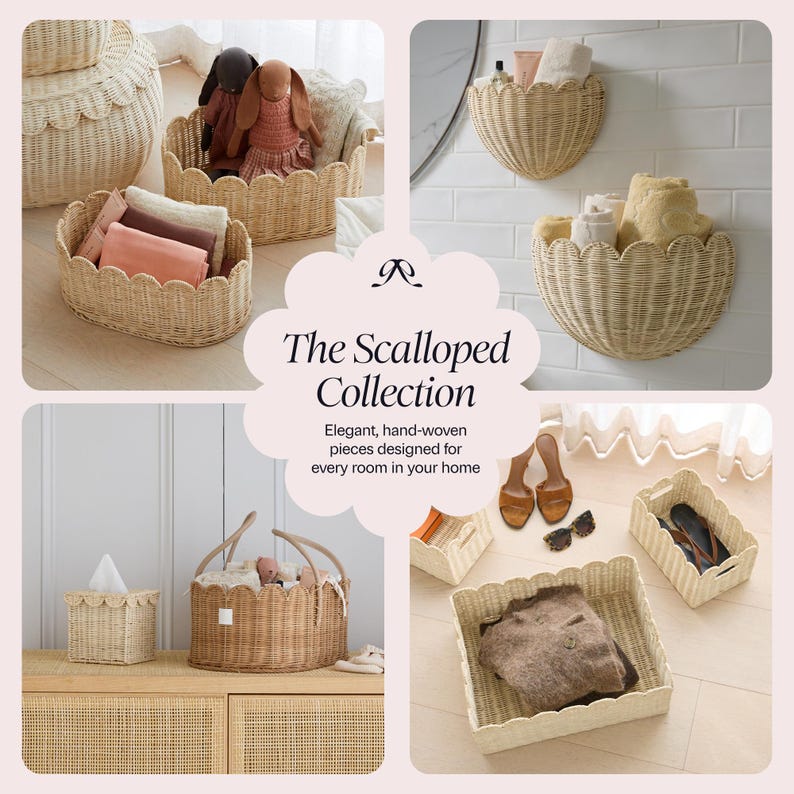 May include: A collection of hand-woven, light-colored wicker baskets and storage containers with scalloped edges. The image includes baskets of various sizes, a tissue box, and wall-mounted baskets, all with a consistent design.
