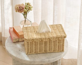 Handwoven Saclloped Rectangle Tissue Box Cover (8.6 × 5 × 4 in) – Rattan Tissue Box Cover Rectangle - Elegant Home Accent - Natural