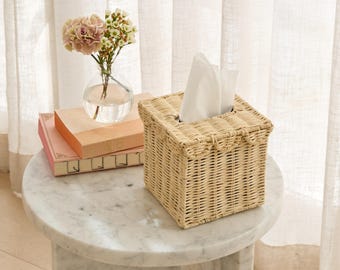 BEBE BASK Handwoven Scalloped Square Tissue Box Cover (4.5 × 4.5 × 5.3 in) – Rattan Tissue Box Cover Square – Elegant Home Accent - Natural