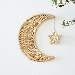 Rattan Moon Wall Decor With Hanging Star -- Boho Moon Wall Art Décor Piece For The Boho Nursery Decor -- Moon Wall Hanging Décor