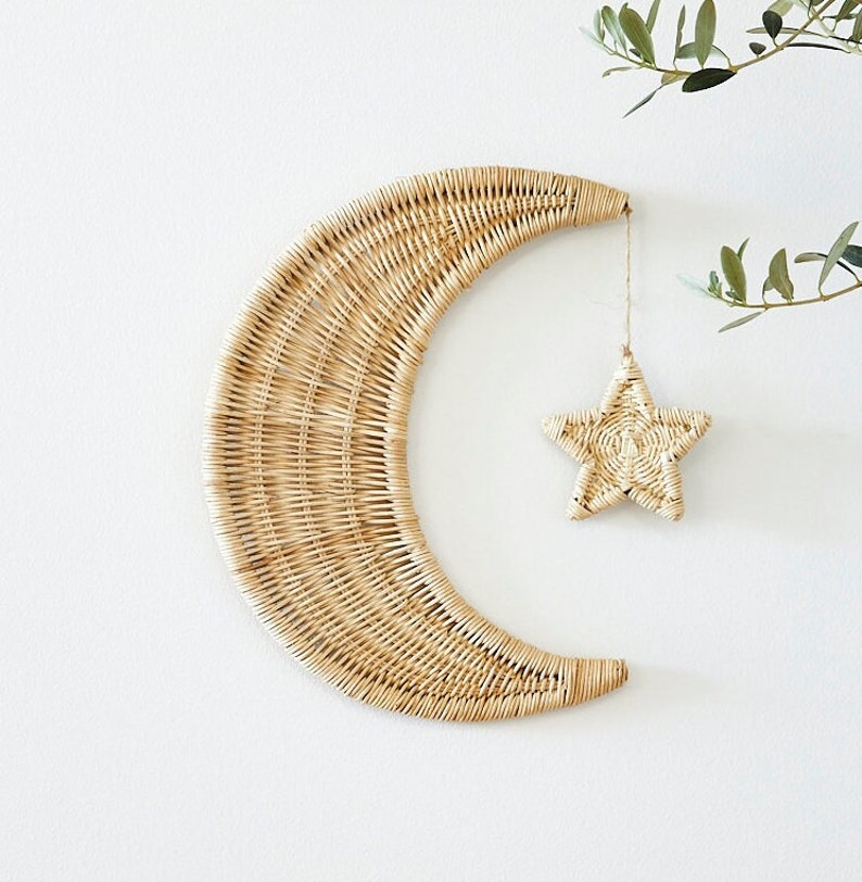 Rattan Moon Wall Decor With Hanging Star Boho Moon Wall Art Etsy