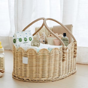 Baby Diaper Caddy Organizer Natural- Artisan-Crafted Scalloped Rattan Basket - Luxurious  Diaper Caddy Basket - Elegant Scallop Basket