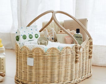 Baby Diaper Caddy Organizer Natural- Artisan-Crafted Scalloped Rattan Basket - Luxurious  Diaper Caddy Basket - Elegant Scallop Basket