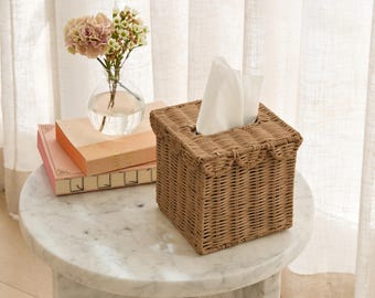 BEBE BASK Handwoven Scalloped Square Tissue Box Cover (4.5 × 4.5 × 5.3 in) – Rattan Tissue Box Cover Square – Elegant Home Accent - Mocca