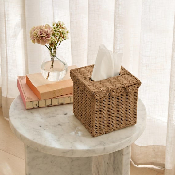 BEBE BASK Handwoven Scalloped Square Tissue Box Cover (4.5 × 4.5 × 5.3 in) – Rattan Tissue Box Cover Square – Elegant Home Accent - Mocca
