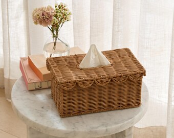 BEBE BASK Handwoven Scalloped Rectangle Tissue Box Cover (8.6 × 5 × 4 in) – Rattan Tissue Box Cover Rectangle - Elegant Home Accent - Mocca