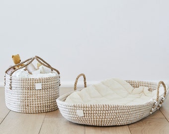 Premium Nursery Bundle - Baby Changing Basket & Diaper Caddy Organizer Set - Organic Seagrass Baskets - Trendy Diaper Caddy