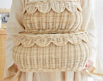 Scalloped Rattan Basket Set Of 2 - Hand-Woven & Award-Winning - 15 x 10 x 6 In - Wicker Storage Baskets