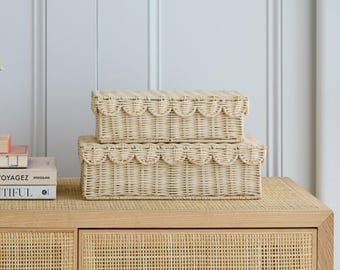 Handwoven Stackable Decorative Storage Boxes with Lids, Set of 2 (14 × 8 × 4 in) – Scalloped Wicker Basket - Baby Keepsake Box & Memory Box