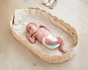 Premium Baby Changing Basket - Artisan Scalloped Rattan Basket – Luxurious Changing Basket For Baby Dresser - Diaper Changing Basket -