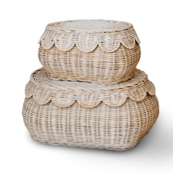 Scalloped Baskets - Rattan Basket Set Of 2 - 15x10x6 Inch - Round Wicker Basket With Lid - Scallop Wicker Storage Basket - Nursery Storage