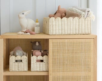 Handwoven Scalloped Wicker Basket – Rattan Basket Set of 3 (17 × 13 × 7 in), Baskets for Organizing - Woven Storage Baskets