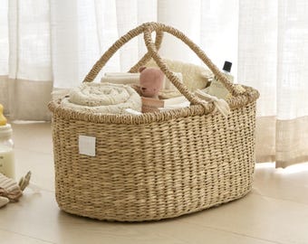 Handmade Baby Diaper Caddy Organizer - Organic Seagrass Diaper Caddy Basket  - Diaper Shower Gift Box - Diaper Storage Caddy