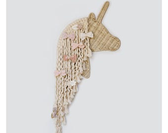 Unicorn Bow Holder For Girls Hair Bows - Boho Bow Holder - Handmade Rattan Macrame Bow Holder - Bow Organizer For Girls Hairbows - Bebe Bask