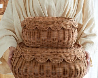 Scalloped Rattan Basket Set Of 2 - Hand-Woven & Award-Winning - 15 x 10 x 6 In - Wicker Storage Baskets