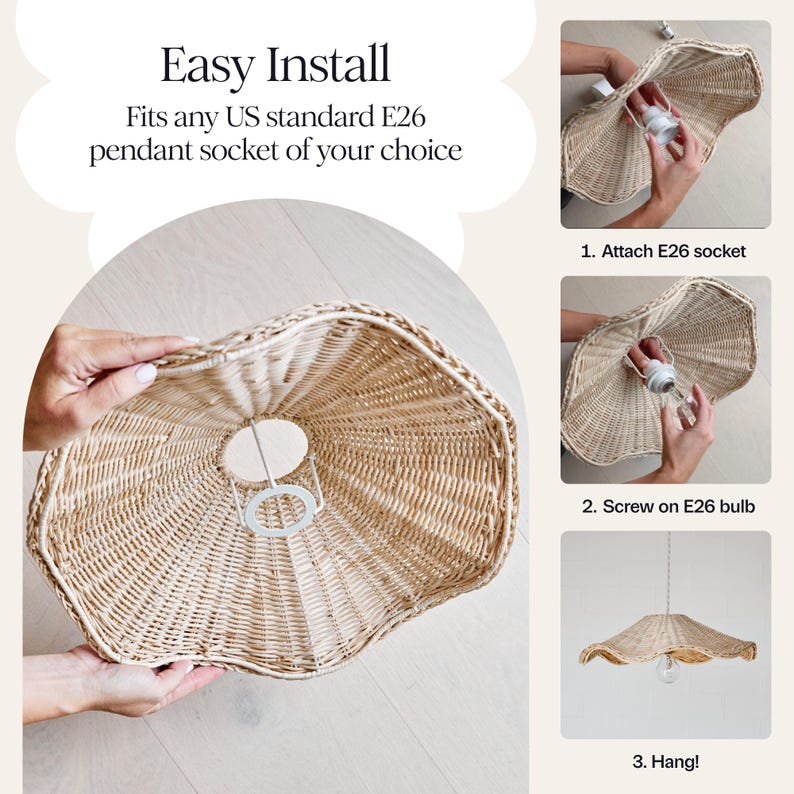 Woven Rattan Lamp Shade - Unique Wave Wicker Lamp Shade - 17 x 5 Inch - Unique Boho Lamp Shade - Rattan Light Shade - Rattan Pendant Shade image 5
