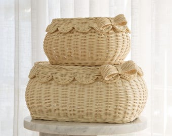 The Original Scalloped Bow Basket with Lid – Set of 2 (15 x 11 x 6 in) – Handwoven Rattan Wicker Storage Basket - Woven Baskets for Storage