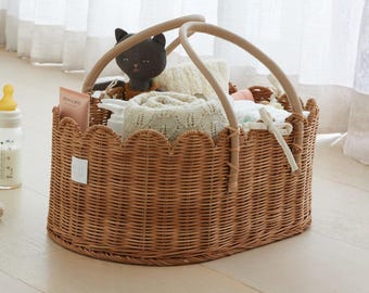 Baby Diaper Caddy Organizer Mocca- Artisan-Crafted Scalloped Rattan Basket - Luxurious  Diaper Caddy Basket - Elegant Scallop Basket