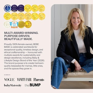 May include: A woman smiles, seated, wearing a black blazer and jeans. The image includes multiple awards and text: "MULTI-AWARD-WINNING. PURPOSE-DRIVEN. BEAUTIFULLY MADE." The text also mentions the brand BEBE BASK and publications like Vogue.