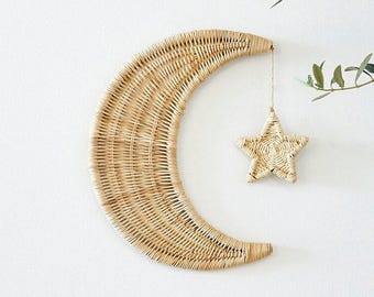 Rattan Moon Wall Decor With Hanging Star - Boho Moon Wall Art Décor Piece For The Boho Nursery Decor - Moon Wall Hanging Décor