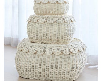 Scalloped Rattan Basket Set Of 3 - Hand-Woven & Award-Winning - 22 x 16 x 10 In - Wicker Storage Baskets