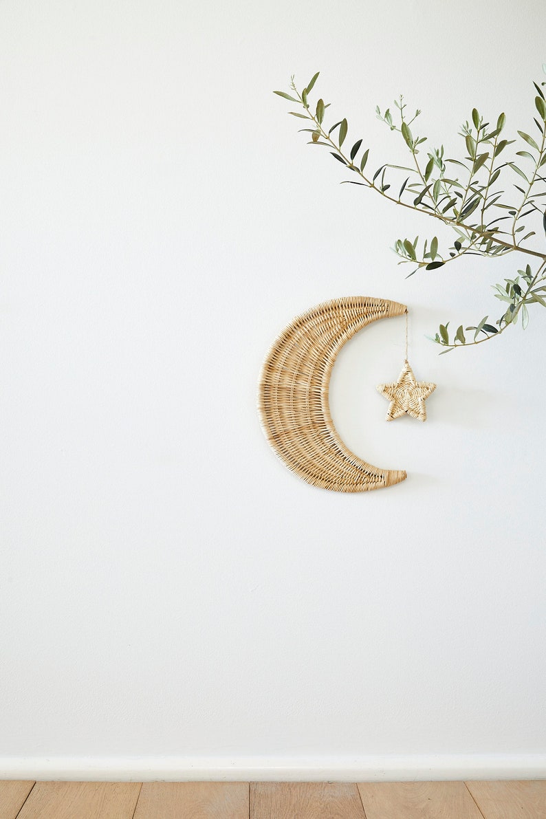 Rattan Moon Wall Decor With Hanging Star Boho Moon Wall Art Etsy