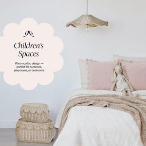 May include: A bedroom scene with a woven lampshade, two pink scallop-edged pillows, and a stuffed bunny on a white bed. Two woven baskets are stacked on the floor. The text reads "Children's Spaces".
