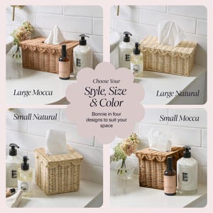 May include: Four wicker tissue box designs in various sizes and colors, including Large Mocca, Large Natural, Small Natural, and Small Mocca. The image also shows bottles of soap and essential oils.