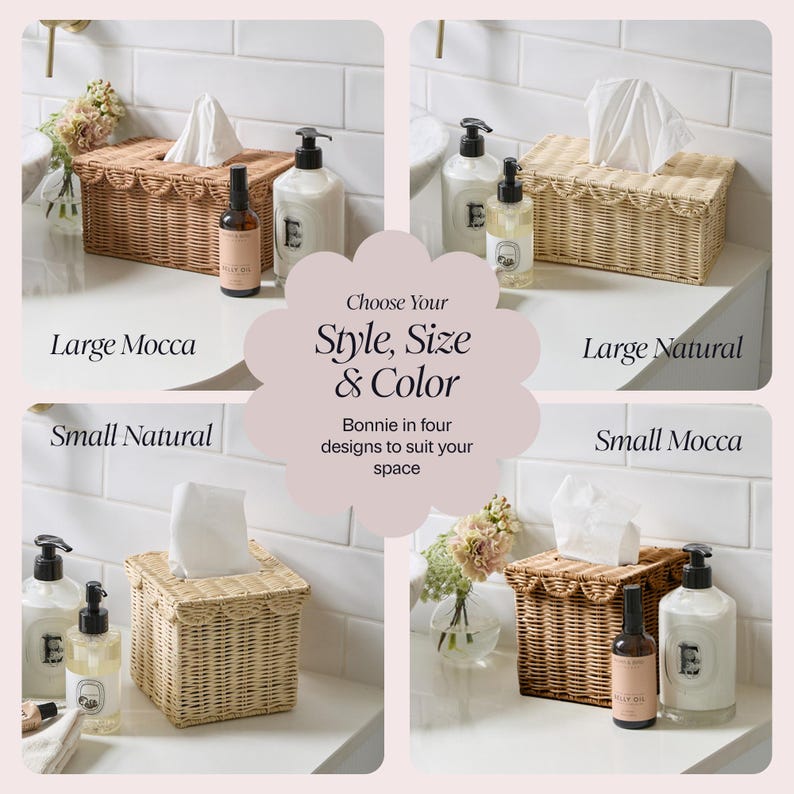 May include: Four wicker tissue box designs in various sizes and colors, including Large Mocca, Large Natural, Small Natural, and Small Mocca. The image also shows bottles of soap and essential oils.