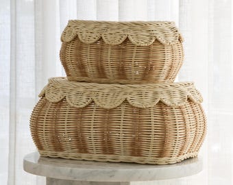 The Original Scalloped Basket with Lid – Set of 2 (15 x 11 x 6 in) – Handwoven Rattan Wicker Basket with Lid, Storage Baskets for Organizing