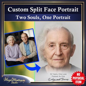 Op de afbeelding: Een aangepast split-face portret met een ouder echtpaar, waarbij de ene kant van het portret een close-up van het gezicht van de vrouw toont en de andere kant het paar samen toont. De tekst luidt "Two Souls, One Portrait."