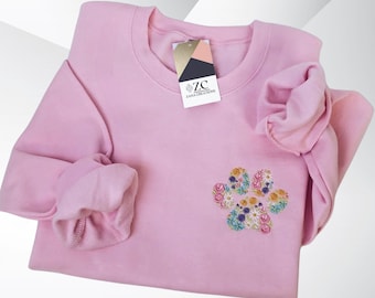 Floral Paw Print Embroidered Sweatshirt - Pet Lover Gift