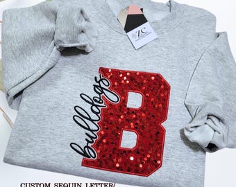 Custom Sequin Varsity Letter Sweatshirt, Personalized Name Crewneck, Knockout Embroidery, Glitter Initial Sweater, School Spirit Gift