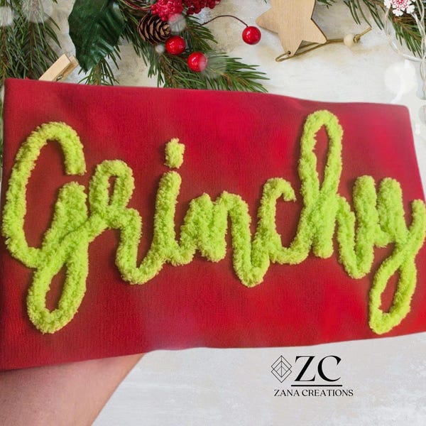 Grinchy Chenille Yarn Embroidered Sweatshirt, Grinchmas Crewneck, Christmas Embroidered Sweatshirt, Holiday Gift, Festive Grinch Sweatshirt