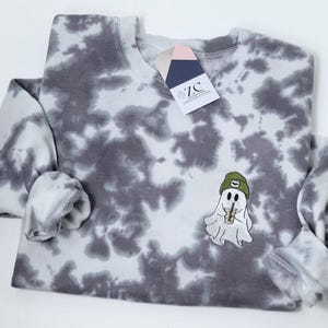 Embroidered Ghost with Ice Coffee Tie-Dye Crewneck: Boho Halloween Sweatshirt