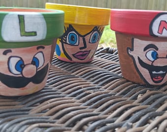 Handpainted Terracotta Succulent Pots 2.5 in Super Mario Bros theme-Mario,Luigi,Princess Peach