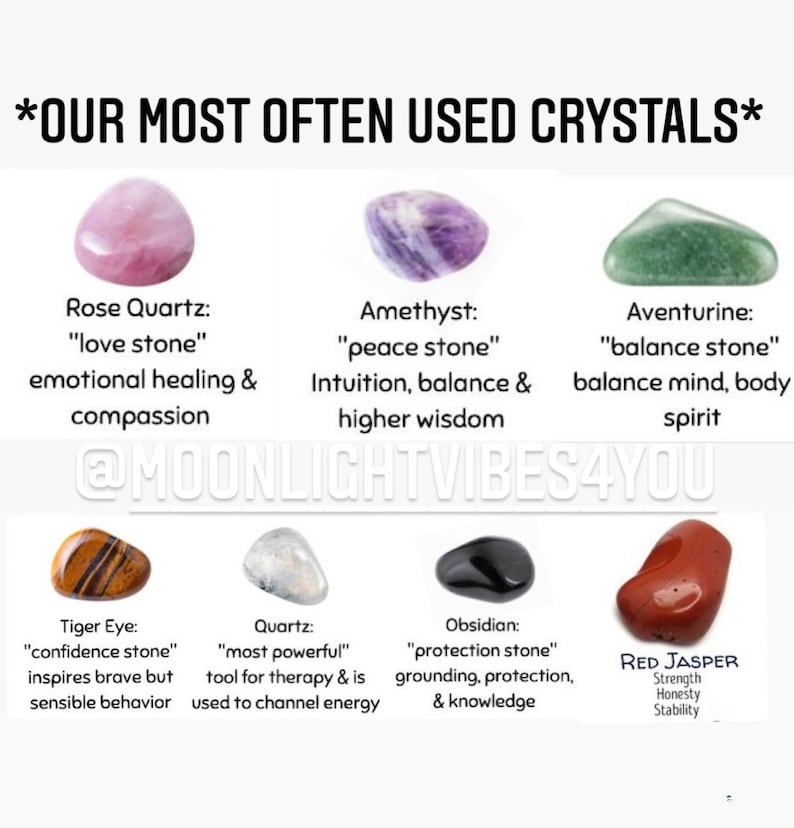 Pode incluir: Uma imagem mostrando oito cristais polidos, incluindo quartzo rosa, ametista, aventurina, olho de tigre, quartzo, obsidiana e jaspe vermelho. Cada cristal &eacute; rotulado com seu nome e propriedades, como "pedra do amor" e "pedra da paz". O texto "NOSSOS CRISTAIS MAIS USADOS" est&aacute; no topo.