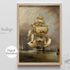 Vintage sea ship painting, antique nautical art print, printable maritime wall art, instant digital download, traditional sailing ship, #06