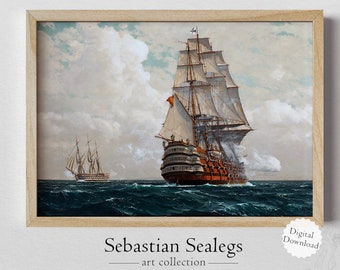 Ship Print Download, Sailing Ship at Sea, Maritime Artwork, Wall Art, Prints, Digital Print, Painting, Vintage Nautical Art, Ship Art, #01