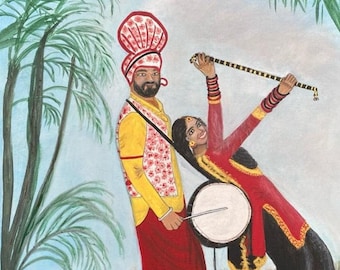Könnte beinhalten: Ein Gemälde, das ein Paar in traditioneller indischer Kleidung zeigt. Der Mann trägt ein gelbes und rotes Outfit mit einem Turban. Die Frau trägt ein rotes und schwarzes Outfit und hält eine Trommel. Beide lächeln und scheinen zu tanzen.
