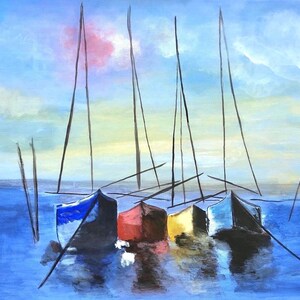 sailboats at sea, acrylic on canvas painting, 60 x 80 cms,