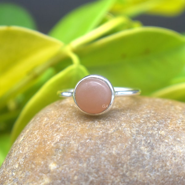 Natural Peach Moonstone Ring, 925 Sterling Silver Ring, 8mm Round Peach Moonstone Ring, Moonstone Ring, Moonstone Jewelry, Gift For Her